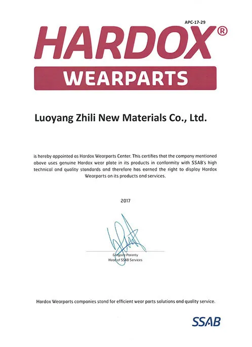 Document de nomination Hardox Wearparts APC-17-29 délivré à Luoyang Zhili New Materials en 2017