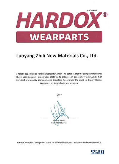 Hardox Wearparts appointment document APC-17-29 issued to Luoyang Zhili in 2017